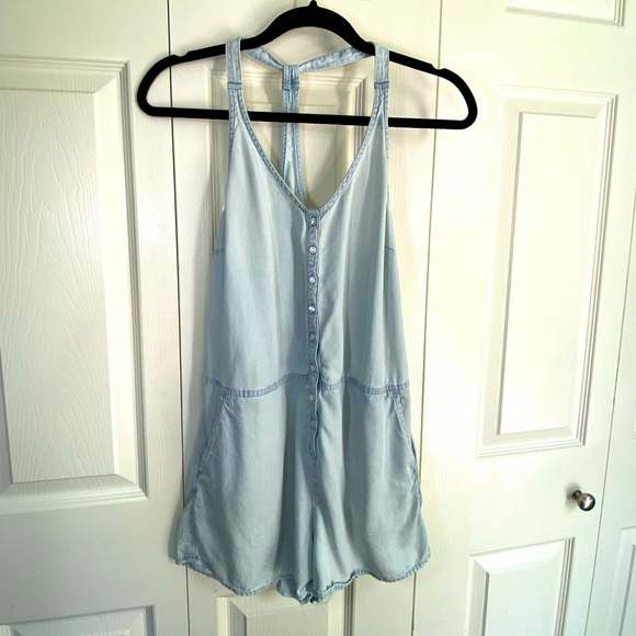 Obey Light Blue Denim Shorts Romper - Picture 1 of 6